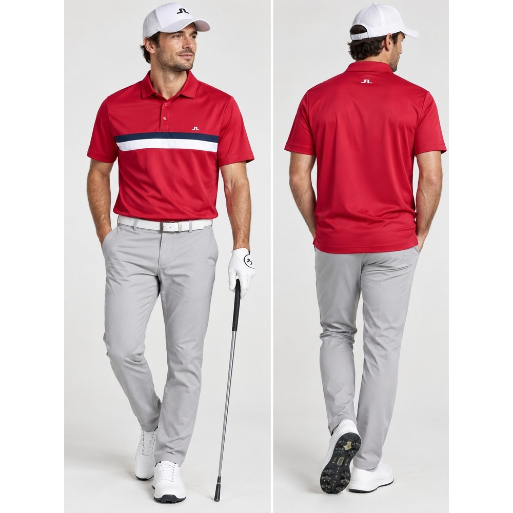 J.Lindeberg Polo Shirt Mens XL Red Nils Reg TX Pique Colorblock Stripe Sleeve